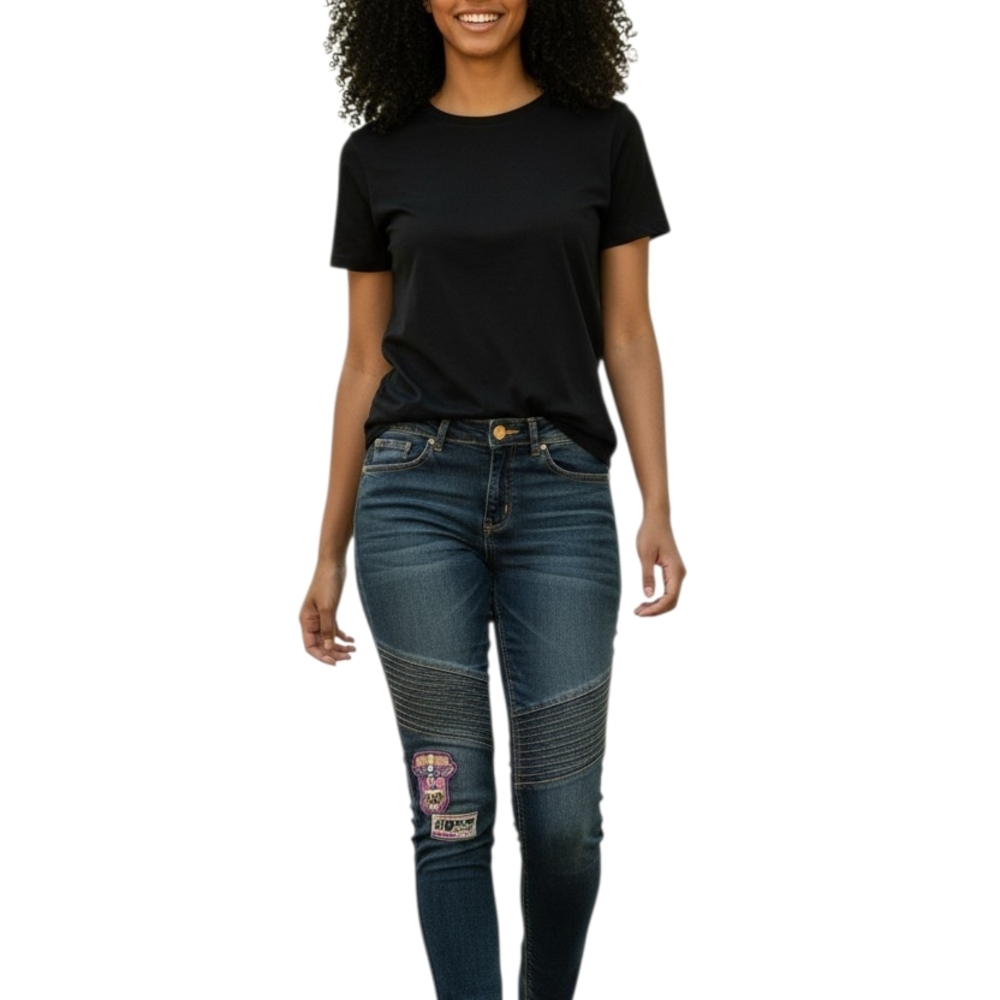 Rockwear Dark Blue Skinny Jeans with Knee Patch Embellishment